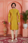 Raivat Ethnic Men's Jacquard Silk Brocade Mirror and Pintux Work Kurta Pyjama In Gold Colour | Grocsy