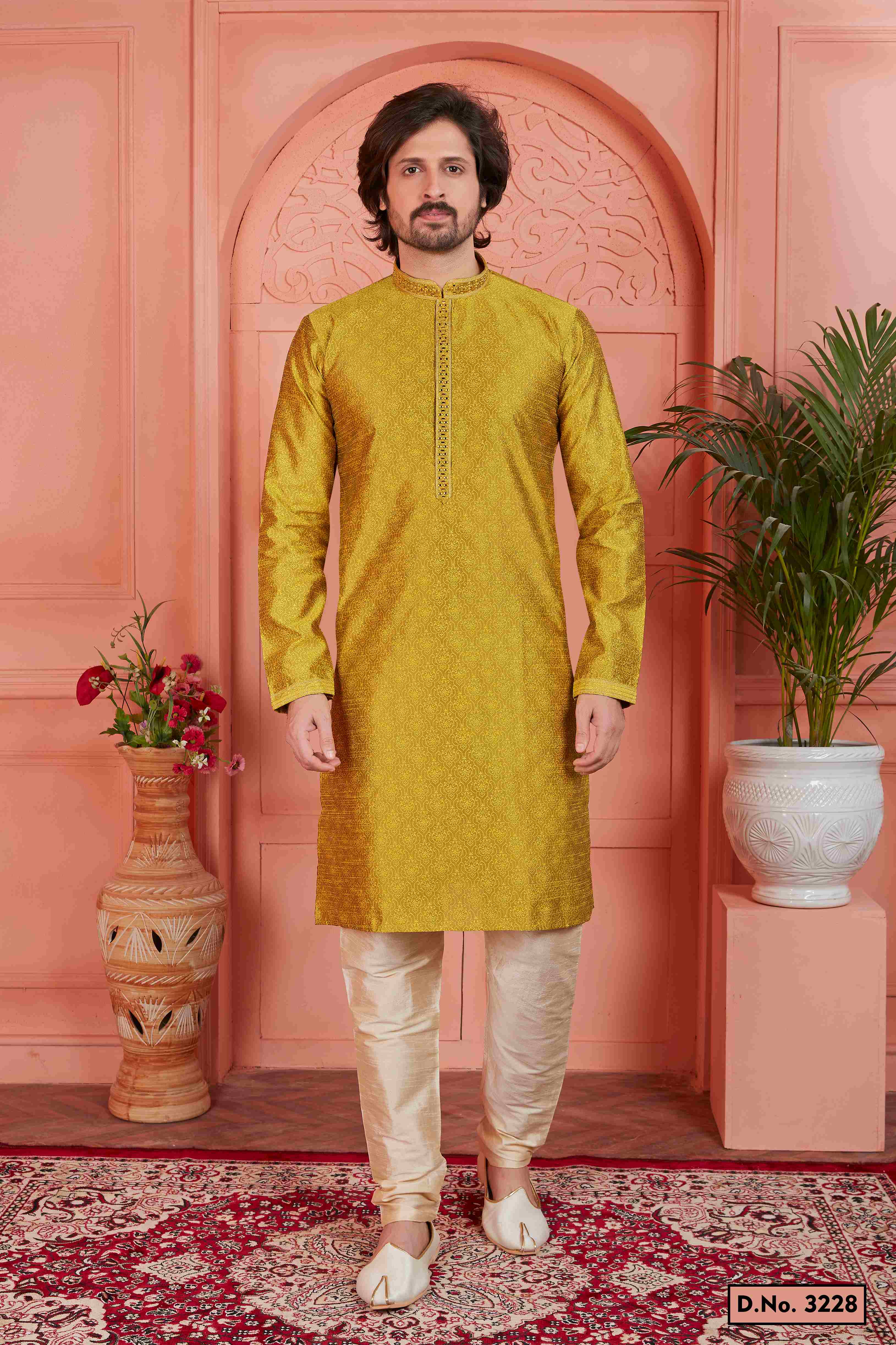 Raivat Ethnic Men's Jacquard Silk Brocade Mirror and Pintux Work Kurta Pyjama In Gold Colour | Grocsy