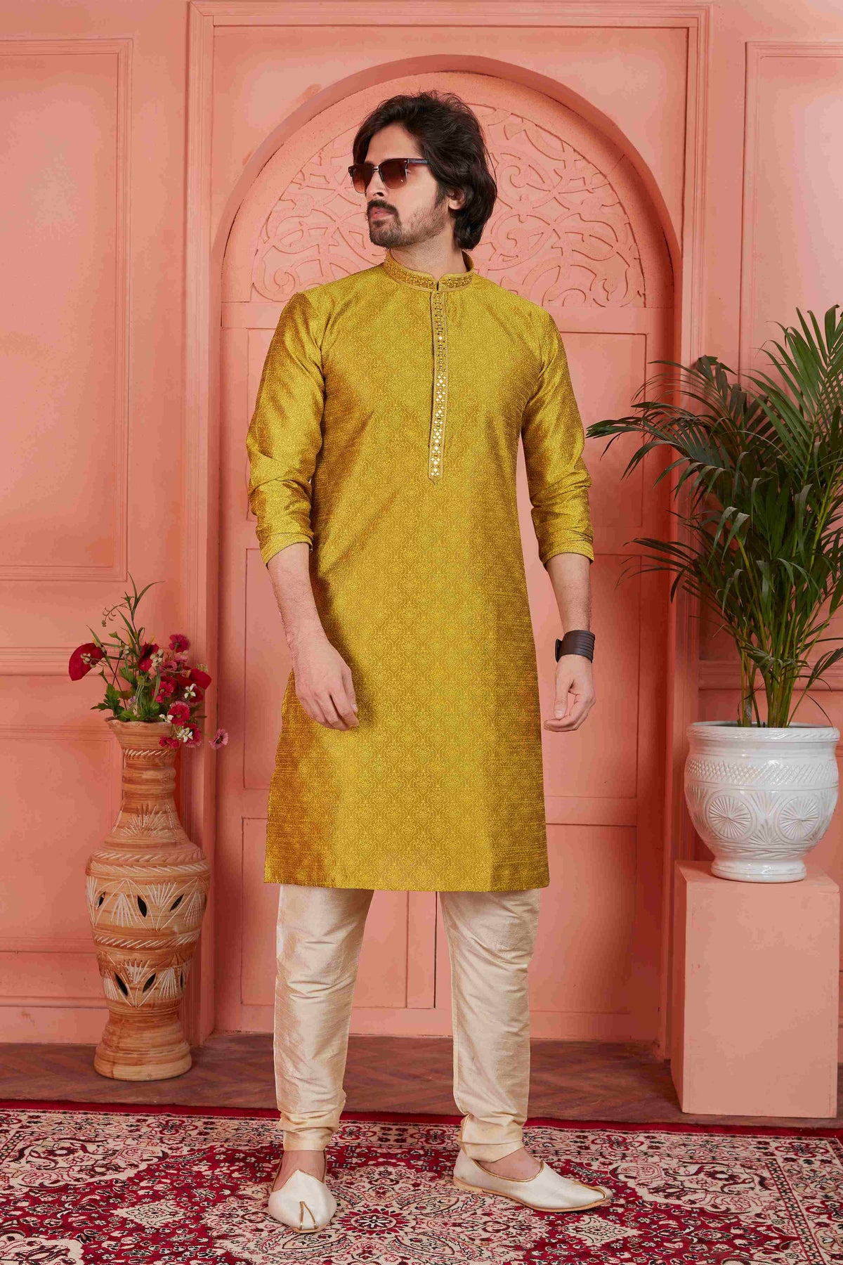 Raivat Ethnic Men's Jacquard Silk Brocade Mirror and Pintux Work Kurta Pyjama In Gold Colour | Grocsy