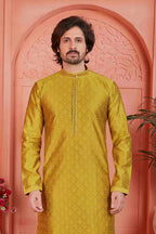 Raivat Ethnic Men's Jacquard Silk Brocade Mirror and Pintux Work Kurta Pyjama In Gold Colour | Grocsy