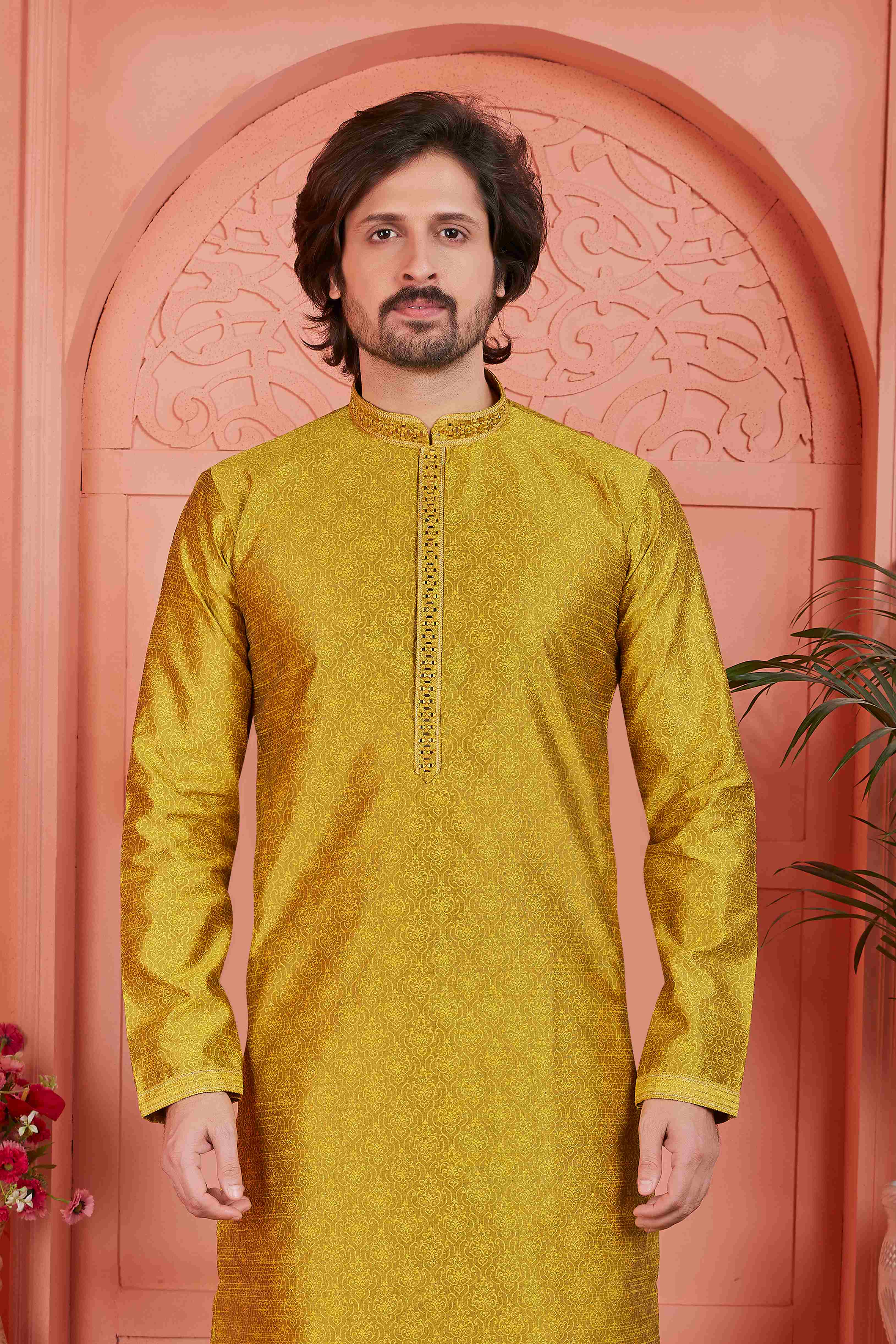 Raivat Ethnic Men's Jacquard Silk Brocade Mirror and Pintux Work Kurta Pyjama In Gold Colour | Grocsy