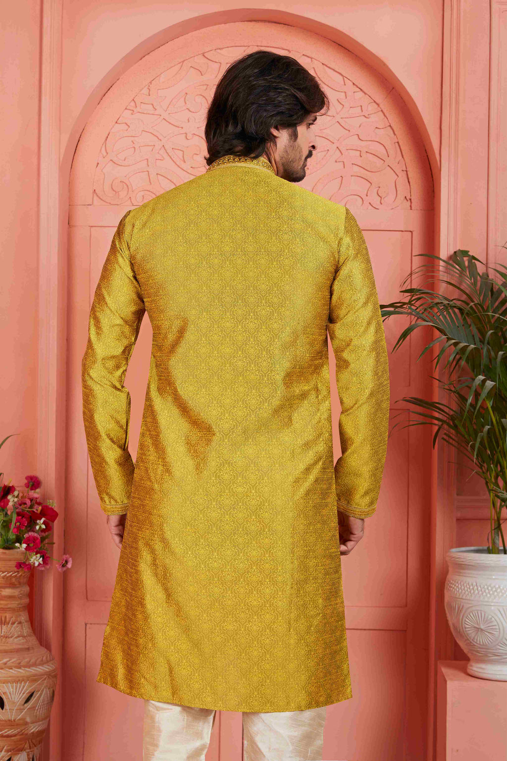 Raivat Ethnic Men's Jacquard Silk Brocade Mirror and Pintux Work Kurta Pyjama In Gold Colour | Grocsy