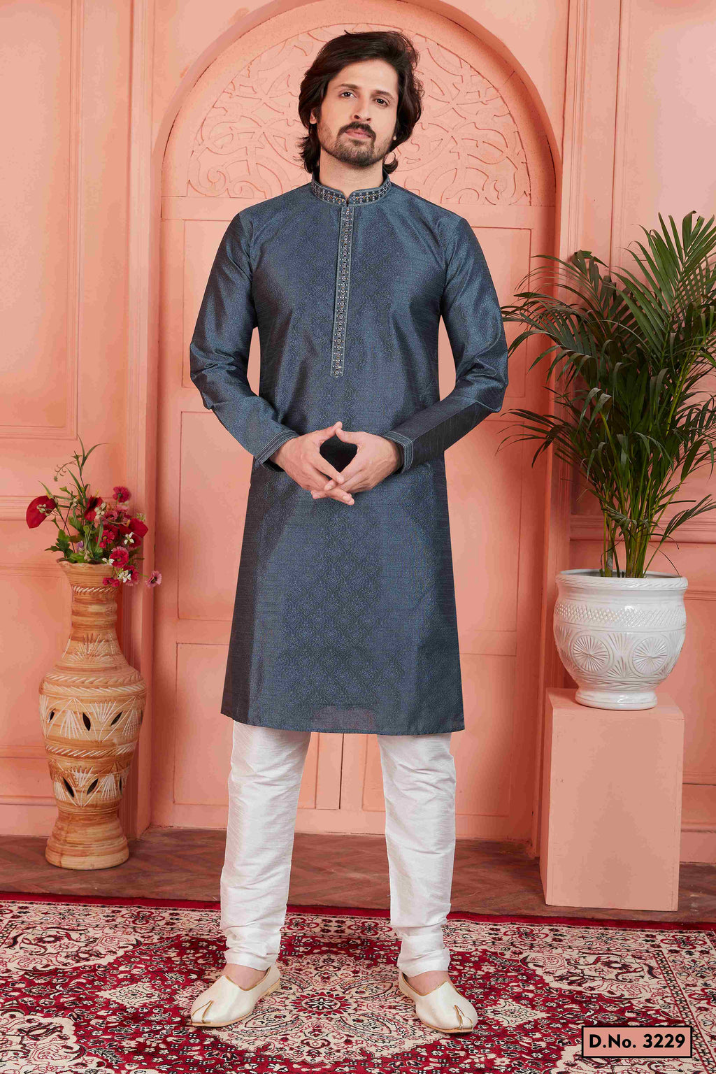Raivat Ethnic Men's Jacquard Silk Brocade Mirror and Pintux Work Kurta Pyjama In Dark Grey Colour | Grocsy