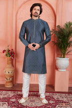 Raivat Ethnic Men's Jacquard Silk Brocade Mirror and Pintux Work Kurta Pyjama In Dark Grey Colour | Grocsy