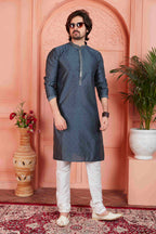 Raivat Ethnic Men's Jacquard Silk Brocade Mirror and Pintux Work Kurta Pyjama In Dark Grey Colour | Grocsy