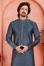 Raivat Ethnic Men's Jacquard Silk Brocade Mirror and Pintux Work Kurta Pyjama In Dark Grey Colour | Grocsy