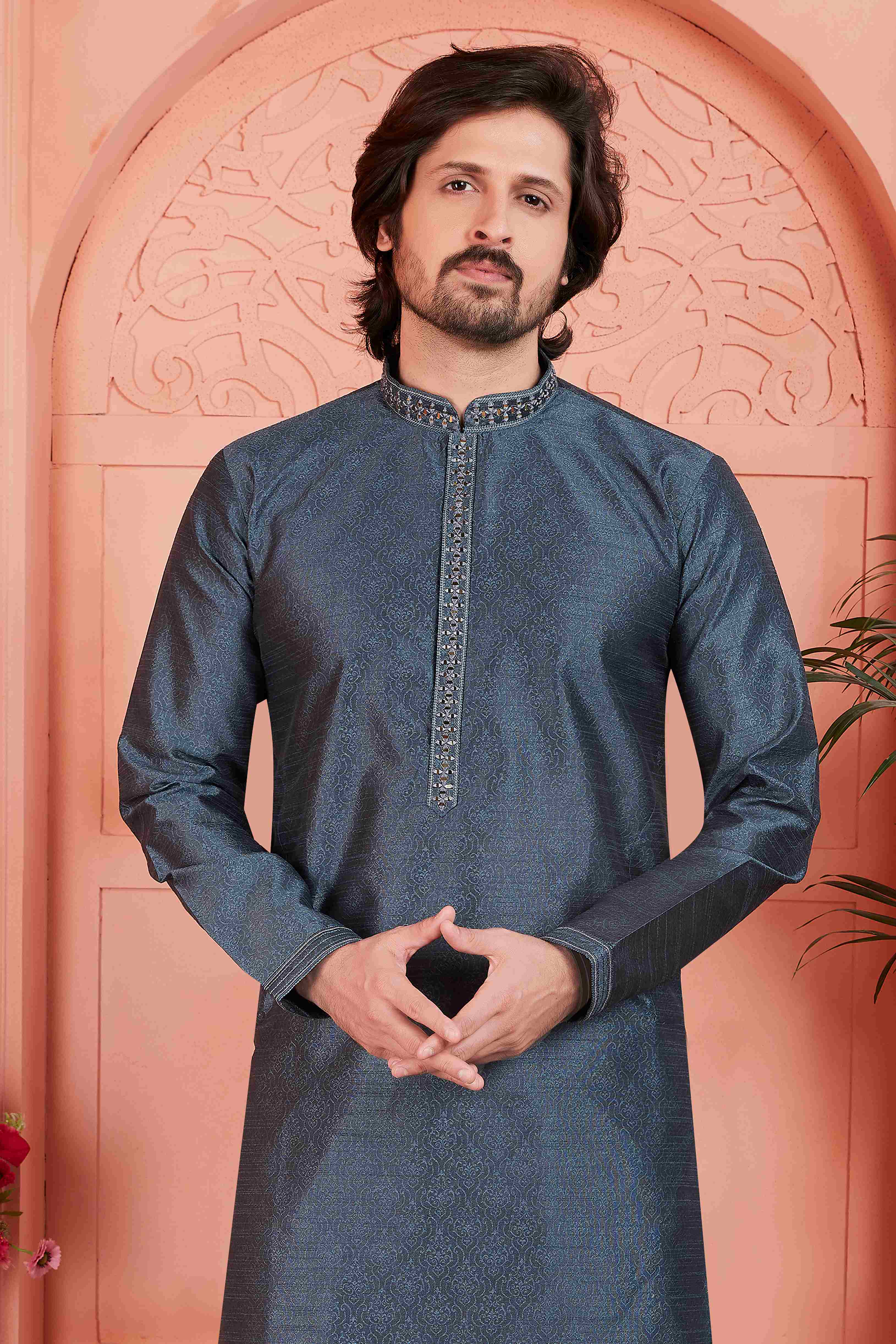 Raivat Ethnic Men's Jacquard Silk Brocade Mirror and Pintux Work Kurta Pyjama In Dark Grey Colour | Grocsy