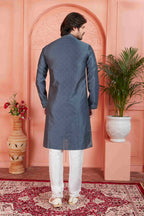 Raivat Ethnic Men's Jacquard Silk Brocade Mirror and Pintux Work Kurta Pyjama In Dark Grey Colour | Grocsy