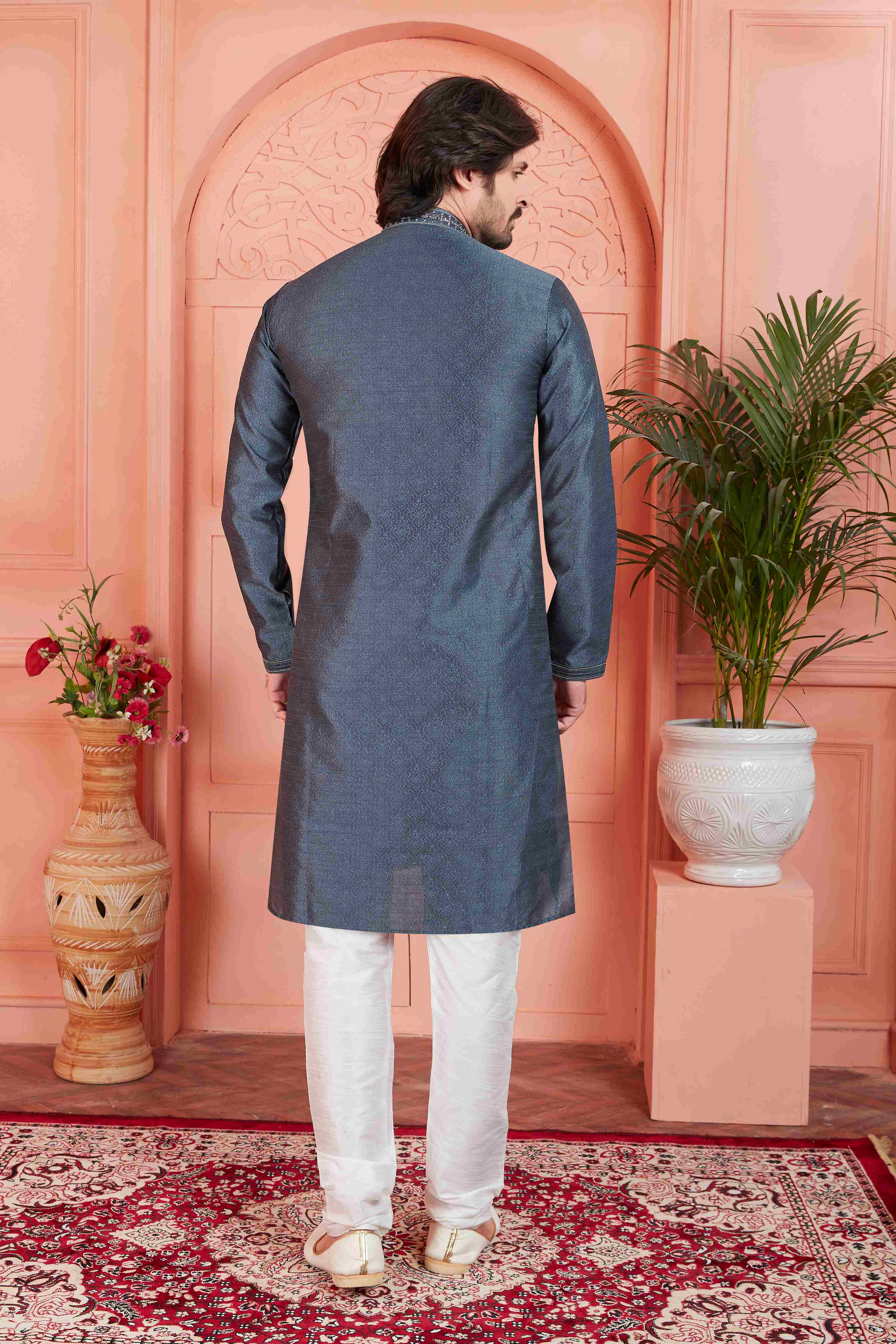 Raivat Ethnic Men's Jacquard Silk Brocade Mirror and Pintux Work Kurta Pyjama In Dark Grey Colour | Grocsy
