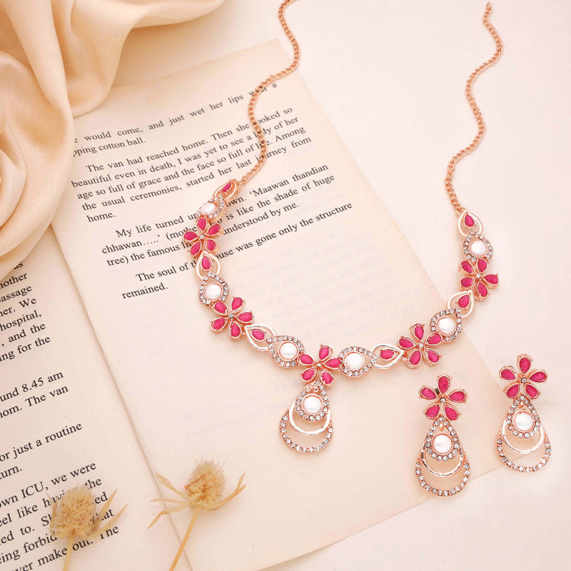 Tehzeeb Creations Rose Gold-Polished Pink Colour Necklace With Stud | Grocsy