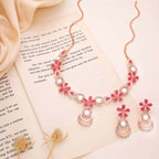 Tehzeeb Creations Rose Gold-Polished Pink Colour Necklace With Stud | Grocsy