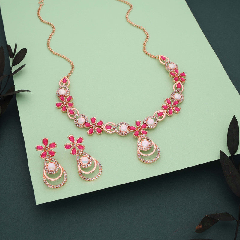 Tehzeeb Creations Rose Gold-Polished Pink Colour Necklace With Stud | Grocsy