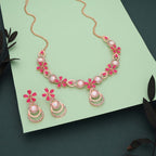 Tehzeeb Creations Rose Gold-Polished Pink Colour Necklace With Stud | Grocsy