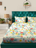 KLOTTHE White & Grey Floral Print 300 TC Fitted Double King Bedsheet With 2 Pillow Covers | Grocsy