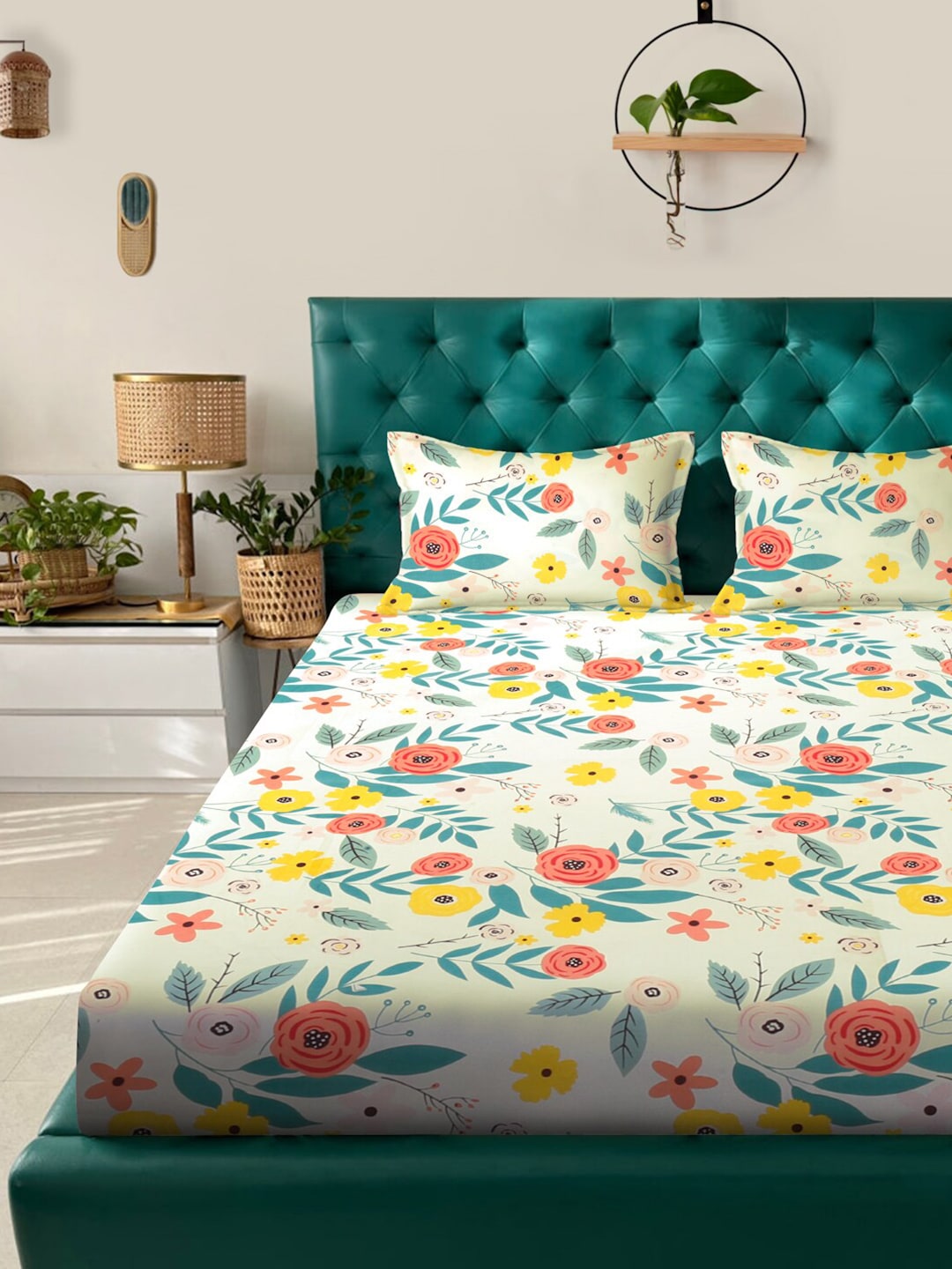KLOTTHE White & Grey Floral Print 300 TC Fitted Double King Bedsheet With 2 Pillow Covers | Grocsy
