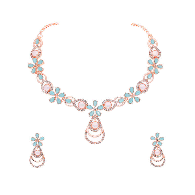 Tehzeeb Creations Rose Gold-Polished Sky Blue Colour Necklace With Stud | Grocsy