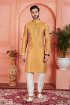 Raivat Ethnic Men's Jacquard Silk Brocade Pintux Work Kurta Pyjama In Mustard Colour | Grocsy