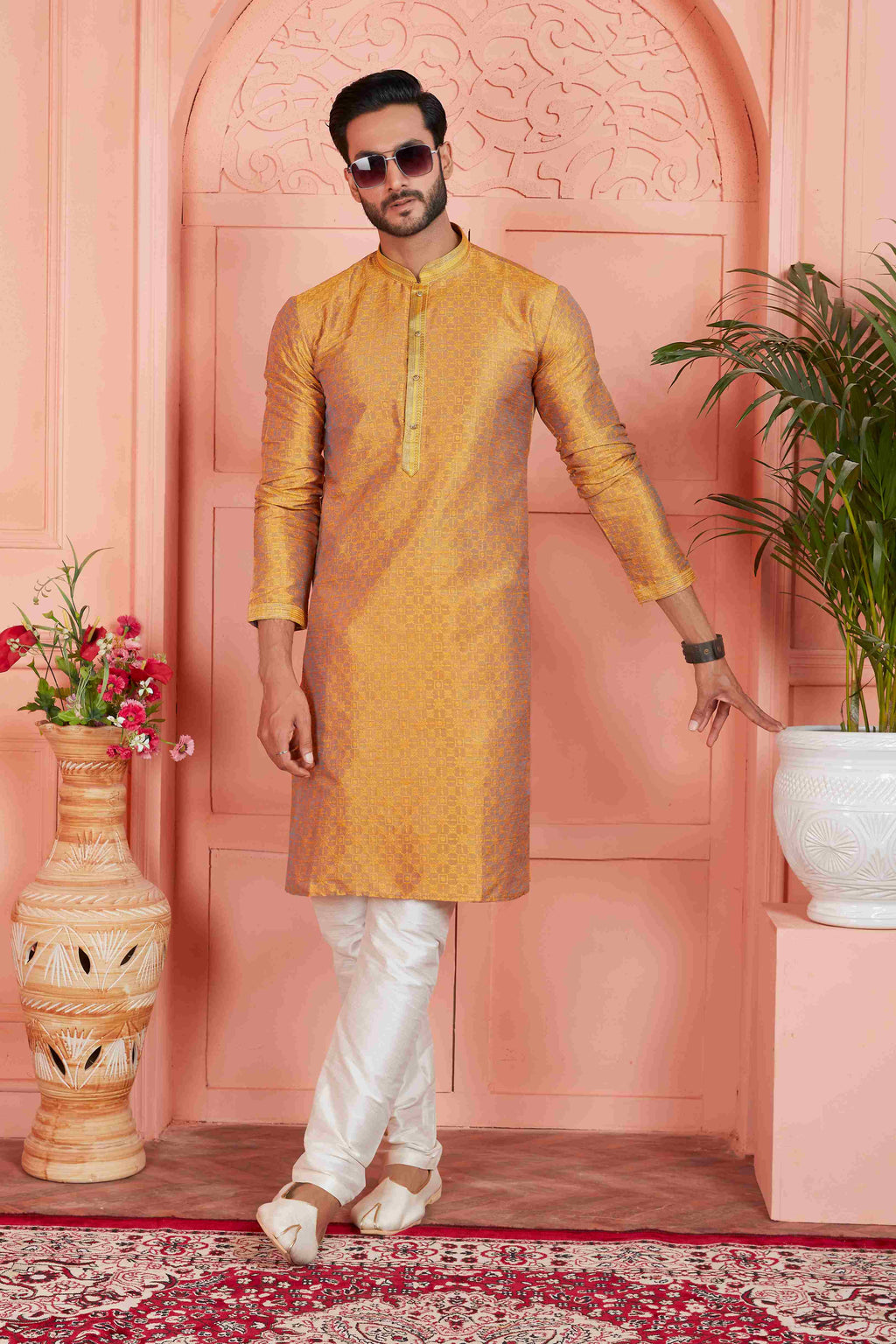 Raivat Ethnic Men's Jacquard Silk Brocade Pintux Work Kurta Pyjama In Mustard Colour | Grocsy