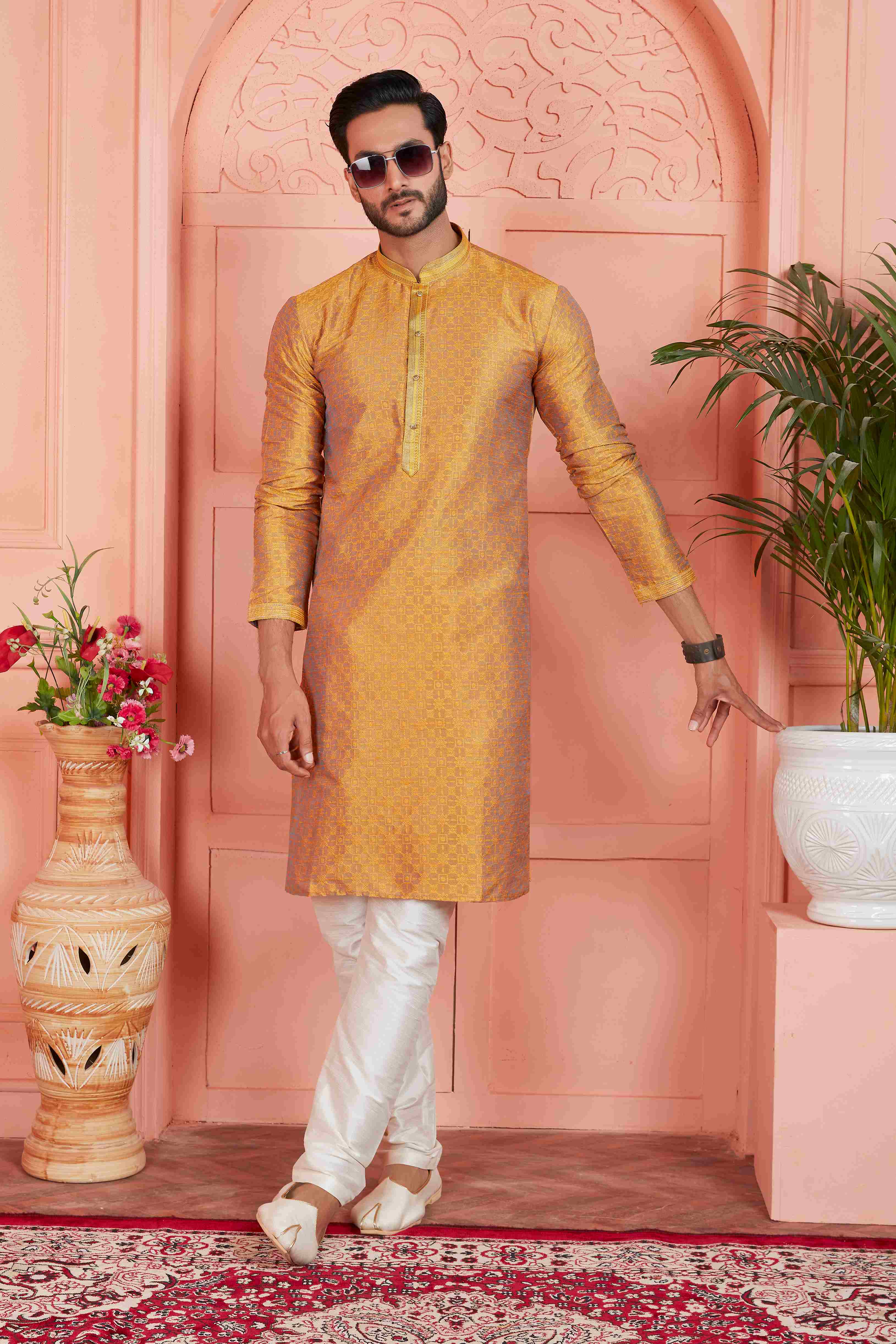 Raivat Ethnic Men's Jacquard Silk Brocade Pintux Work Kurta Pyjama In Mustard Colour | Grocsy