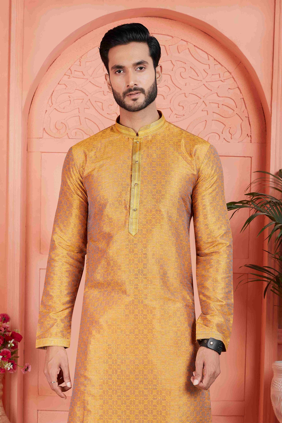 Raivat Ethnic Men's Jacquard Silk Brocade Pintux Work Kurta Pyjama In Mustard Colour | Grocsy