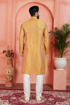Raivat Ethnic Men's Jacquard Silk Brocade Pintux Work Kurta Pyjama In Mustard Colour | Grocsy
