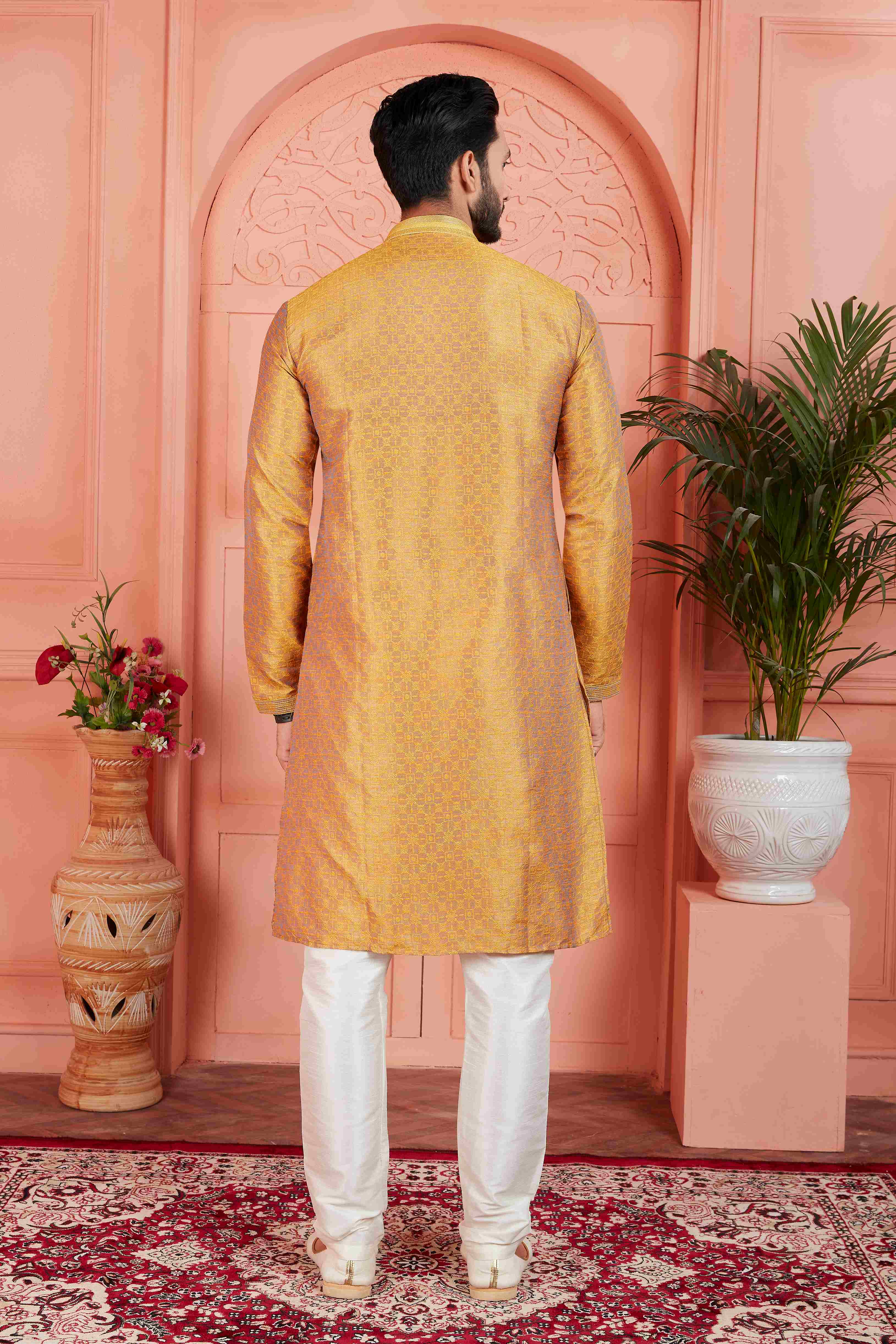Raivat Ethnic Men's Jacquard Silk Brocade Pintux Work Kurta Pyjama In Mustard Colour | Grocsy