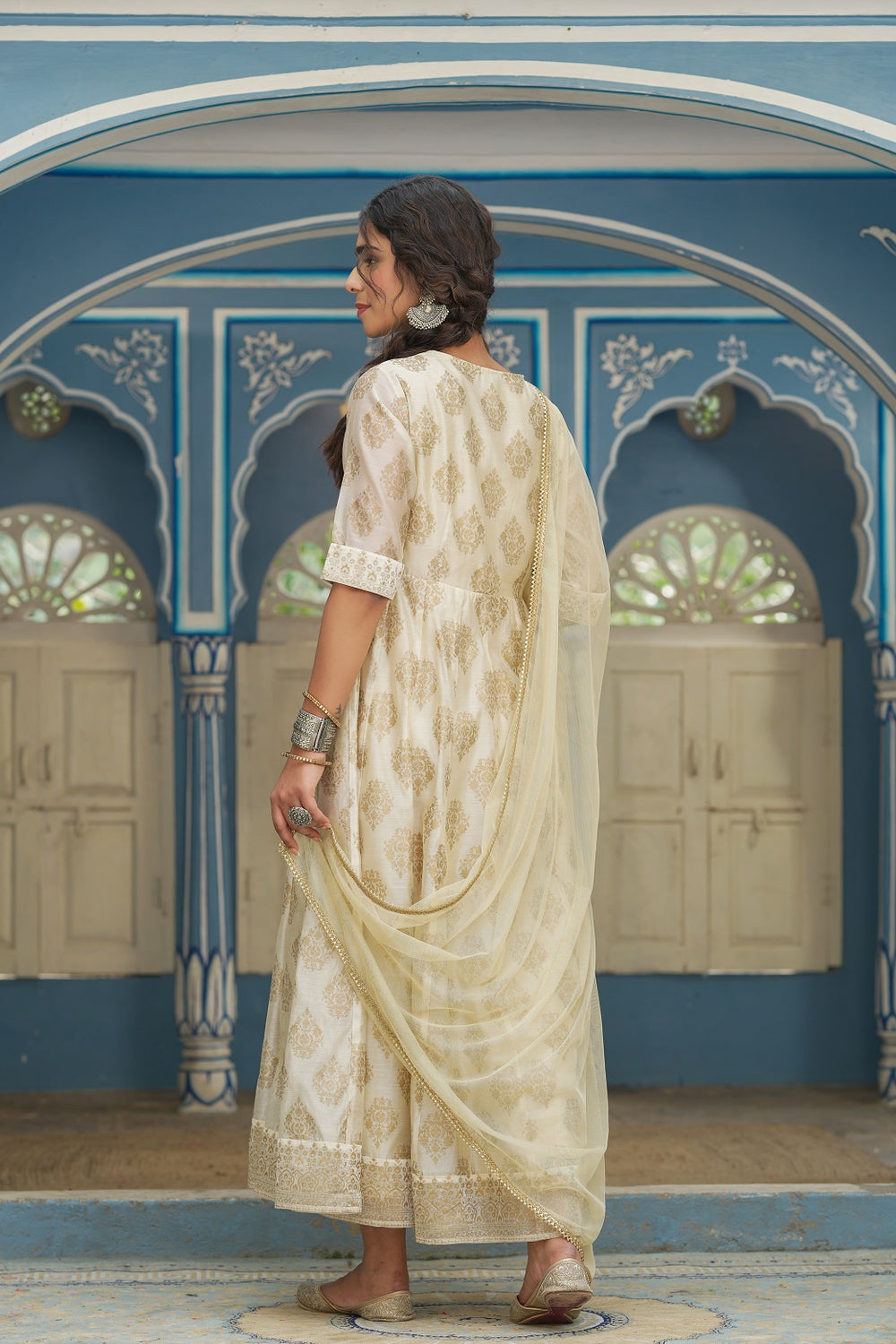 Juniper Beige Chanderi Festive Solid Embroidered Flared Maxi Dupatta For Women | Grocsy