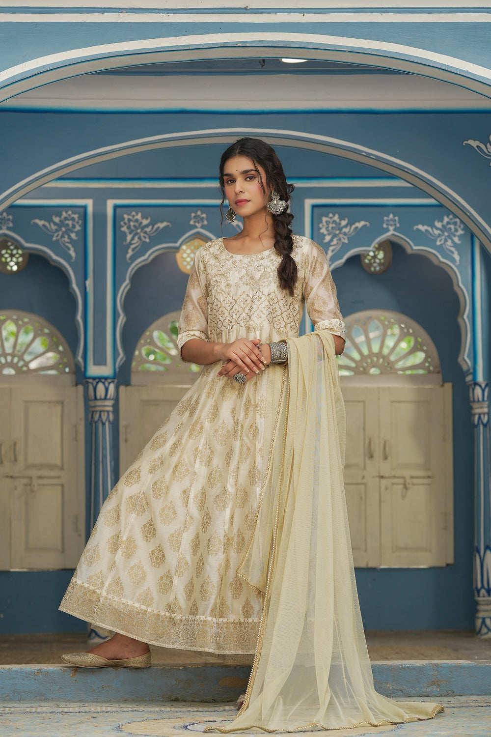 Juniper Beige Chanderi Festive Solid Embroidered Flared Maxi Dupatta For Women | Grocsy