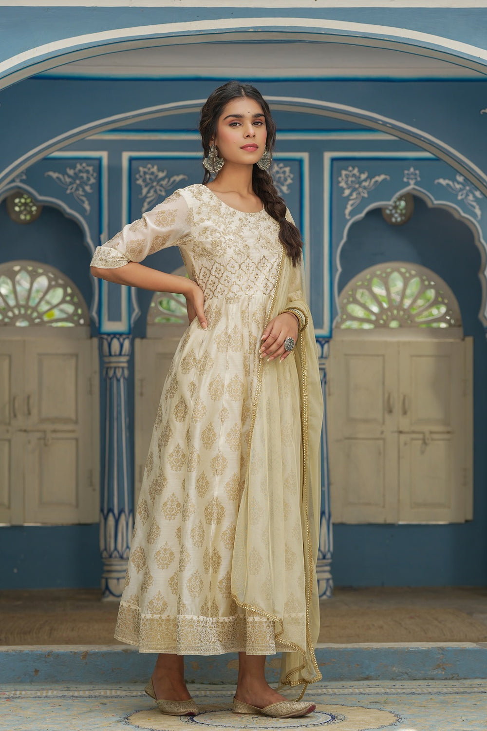 Juniper Beige Chanderi Festive Solid Embroidered Flared Maxi Dupatta For Women | Grocsy