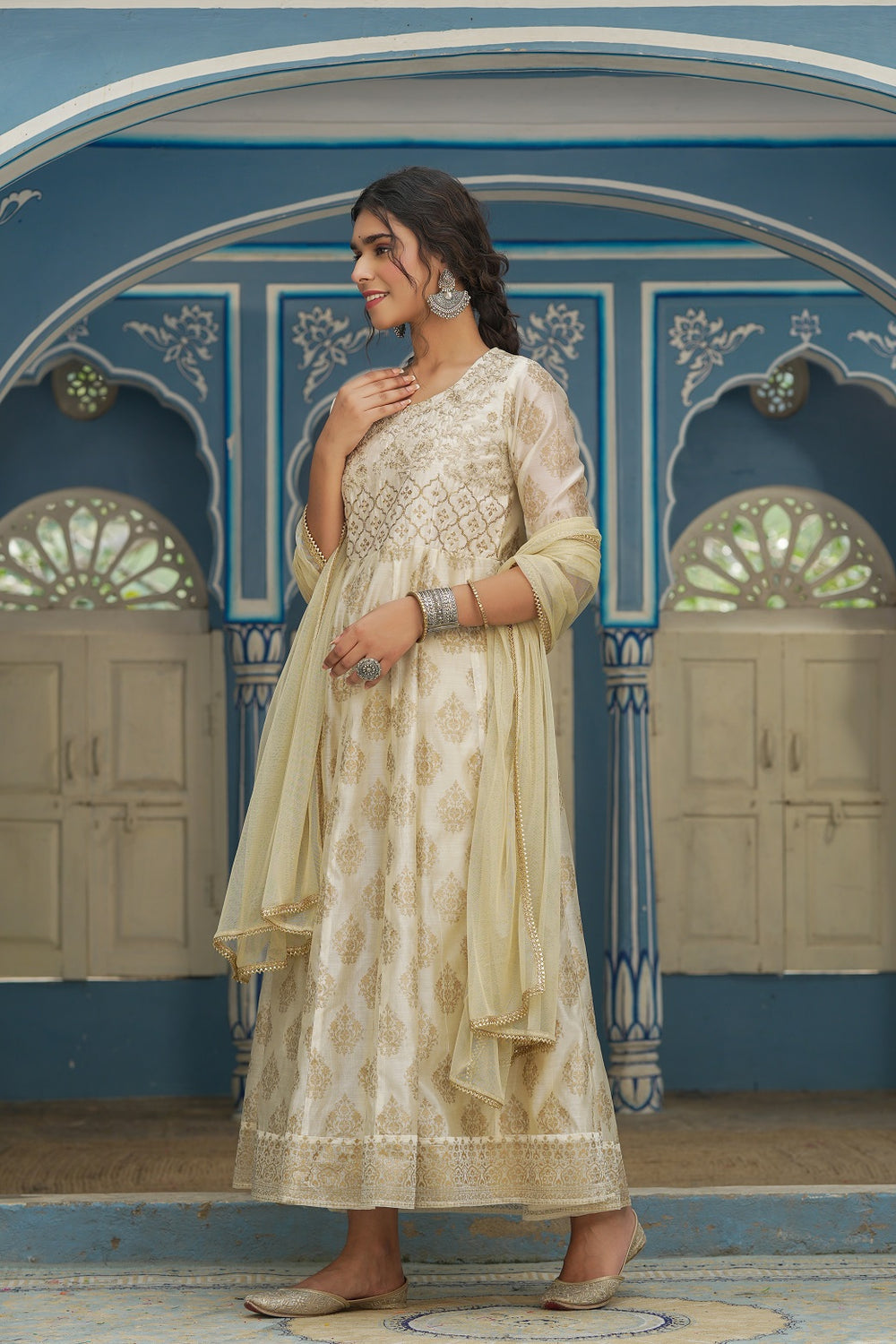Juniper Beige Chanderi Festive Solid Embroidered Flared Maxi Dupatta For Women | Grocsy