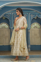 Juniper Beige Chanderi Festive Solid Embroidered Flared Maxi Dupatta For Women | Grocsy