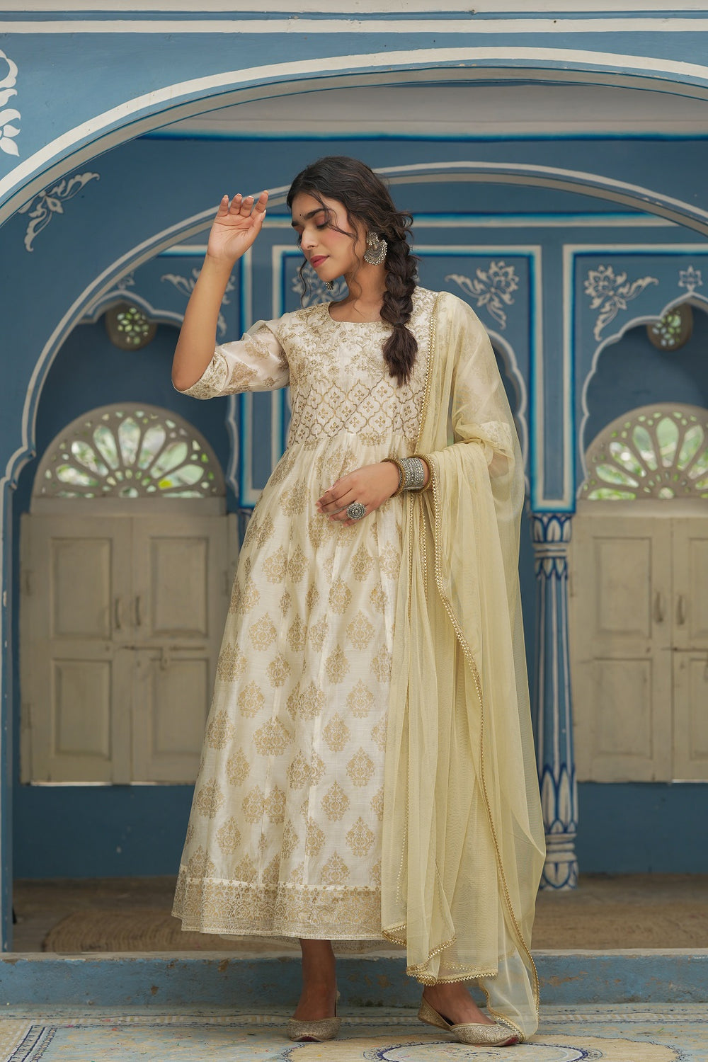 Juniper Beige Chanderi Festive Solid Embroidered Flared Maxi Dupatta For Women | Grocsy