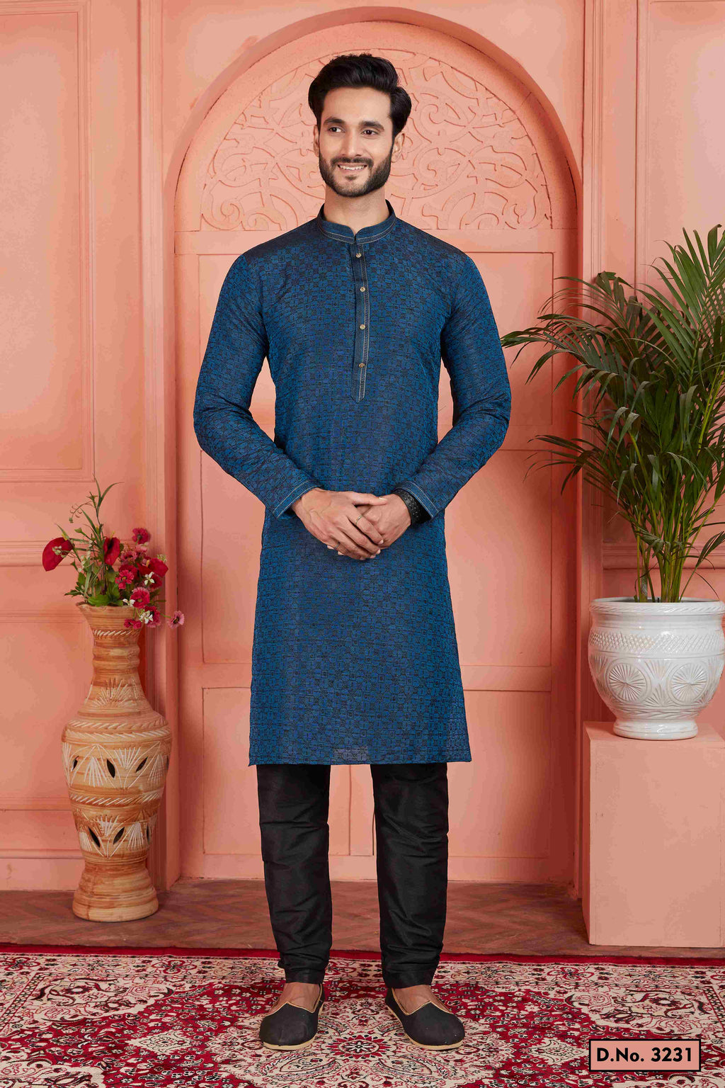 Raivat Ethnic Men's Jacquard Silk Brocade Pintux Work Kurta Pyjama In Teal Colour | Grocsy