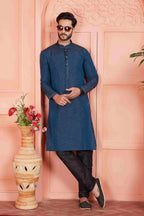 Raivat Ethnic Men's Jacquard Silk Brocade Pintux Work Kurta Pyjama In Teal Colour | Grocsy