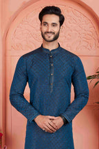 Raivat Ethnic Men's Jacquard Silk Brocade Pintux Work Kurta Pyjama In Teal Colour | Grocsy