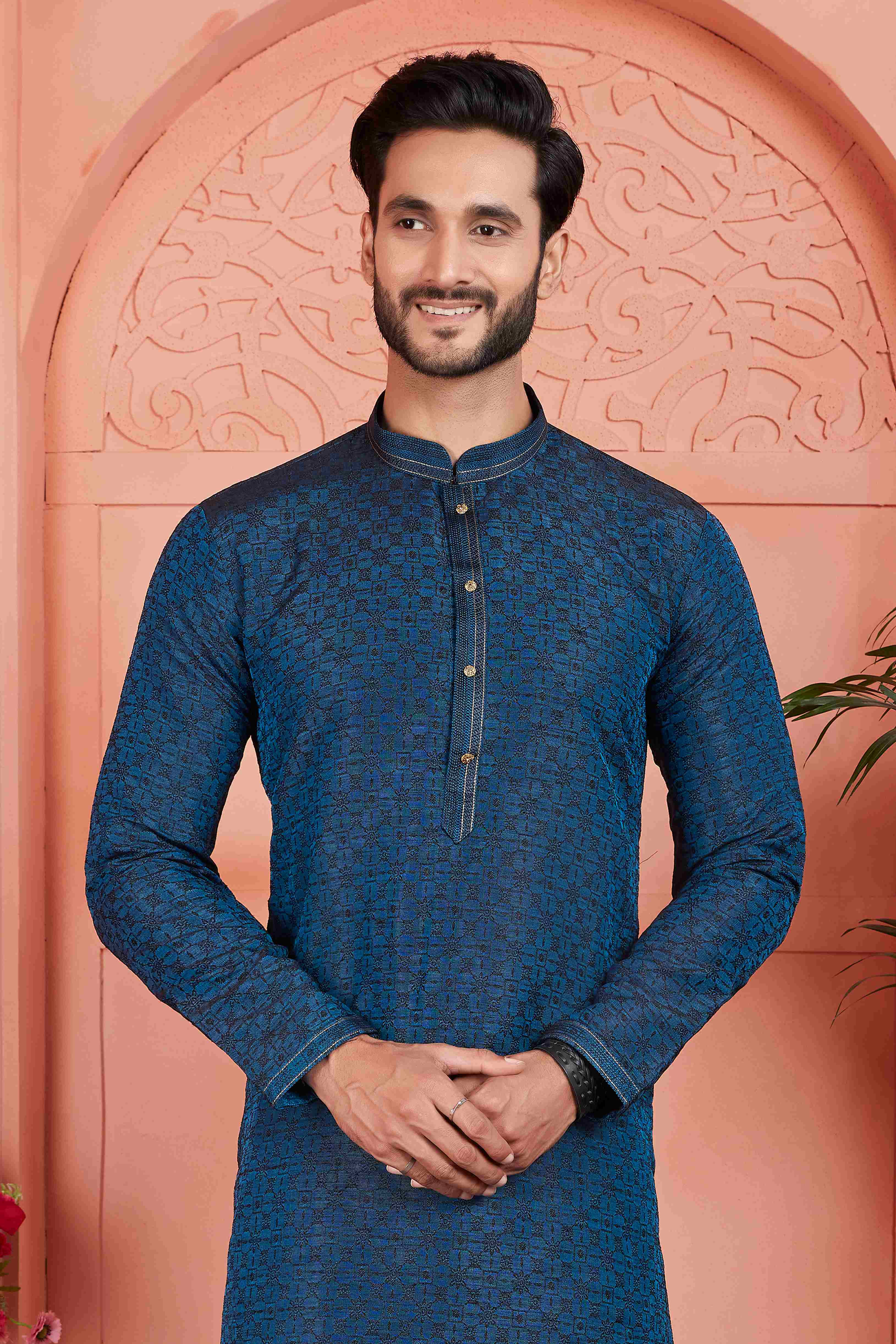 Raivat Ethnic Men's Jacquard Silk Brocade Pintux Work Kurta Pyjama In Teal Colour | Grocsy