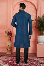Raivat Ethnic Men's Jacquard Silk Brocade Pintux Work Kurta Pyjama In Teal Colour | Grocsy