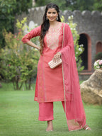 Juniper Pink Chanderi Festive Embroidered Placement Printed Straight Kurta Set | Grocsy