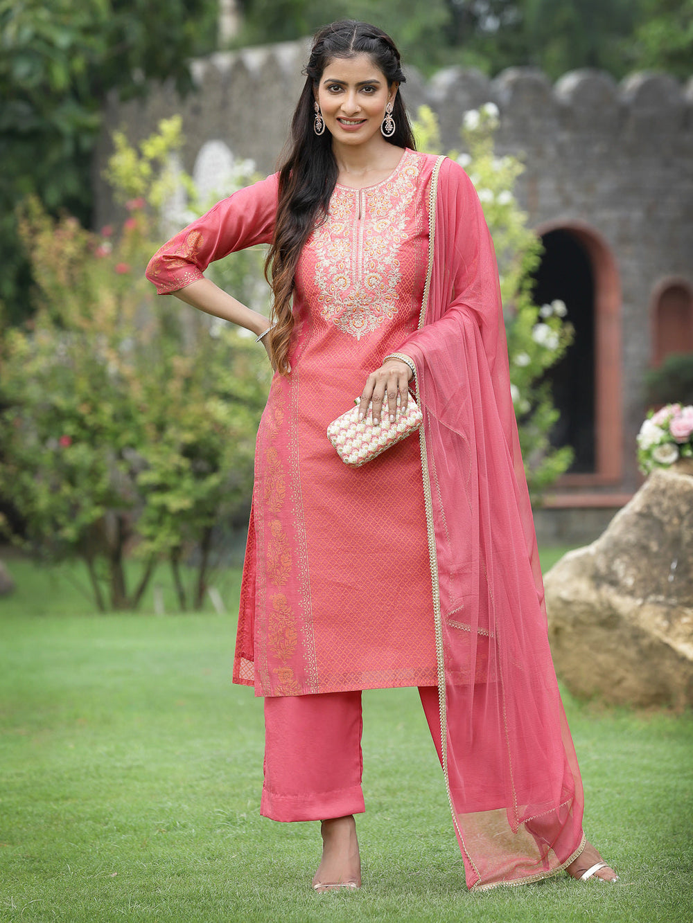 Juniper Pink Chanderi Festive Embroidered Placement Printed Straight Kurta Set | Grocsy