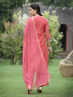 Juniper Pink Chanderi Festive Embroidered Placement Printed Straight Kurta Set | Grocsy