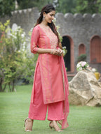 Juniper Pink Chanderi Festive Embroidered Placement Printed Straight Kurta Set | Grocsy