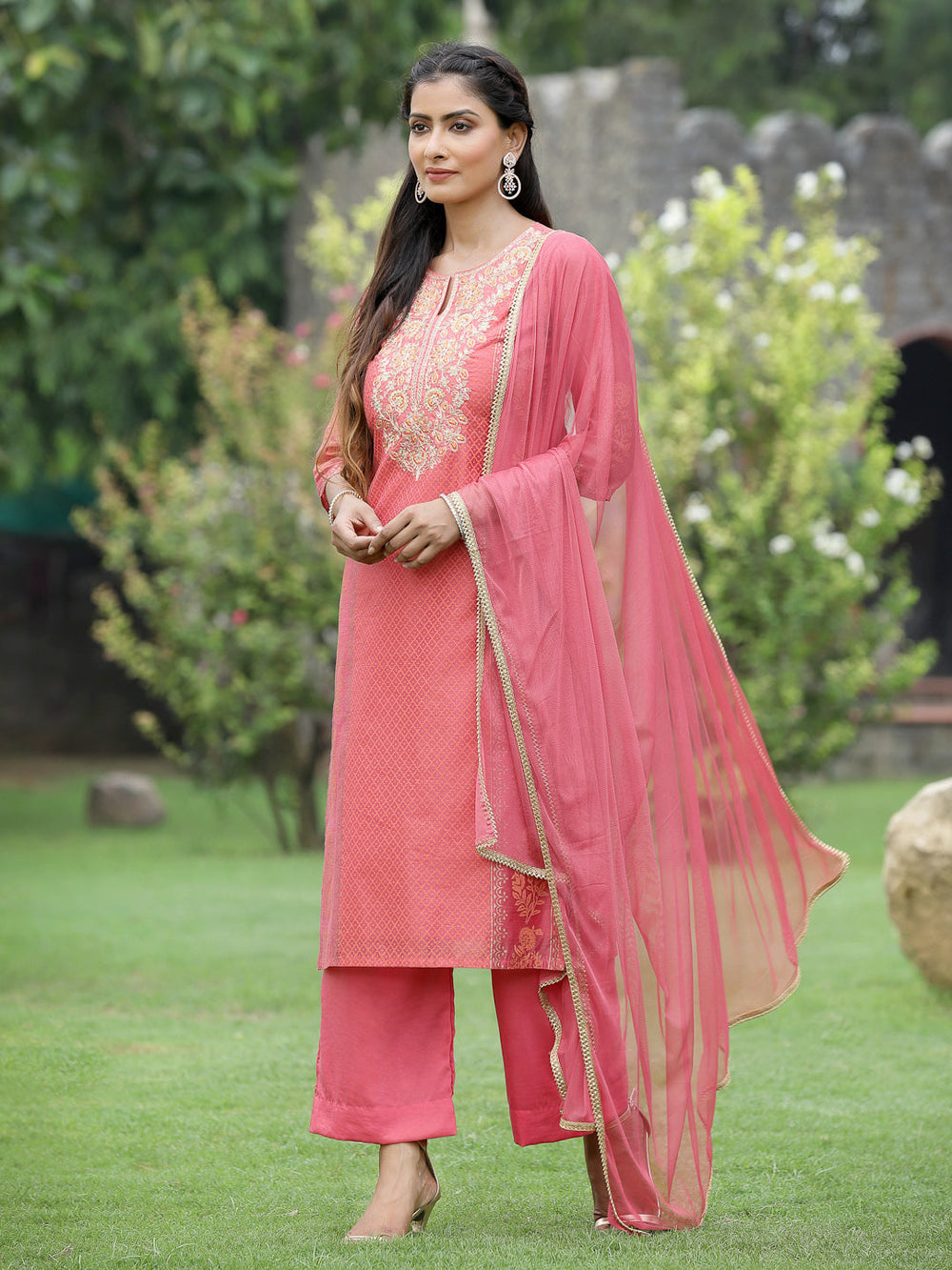 Juniper Pink Chanderi Festive Embroidered Placement Printed Straight Kurta Set | Grocsy