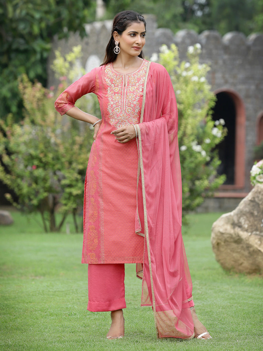 Juniper Pink Chanderi Festive Embroidered Placement Printed Straight Kurta Set | Grocsy
