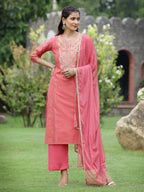 Juniper Pink Chanderi Festive Embroidered Placement Printed Straight Kurta Set | Grocsy