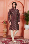 Raivat Ethnic Men's Jacquard Silk Brocade Pintux Work Kurta Pyjama In Brown Colour | Grocsy