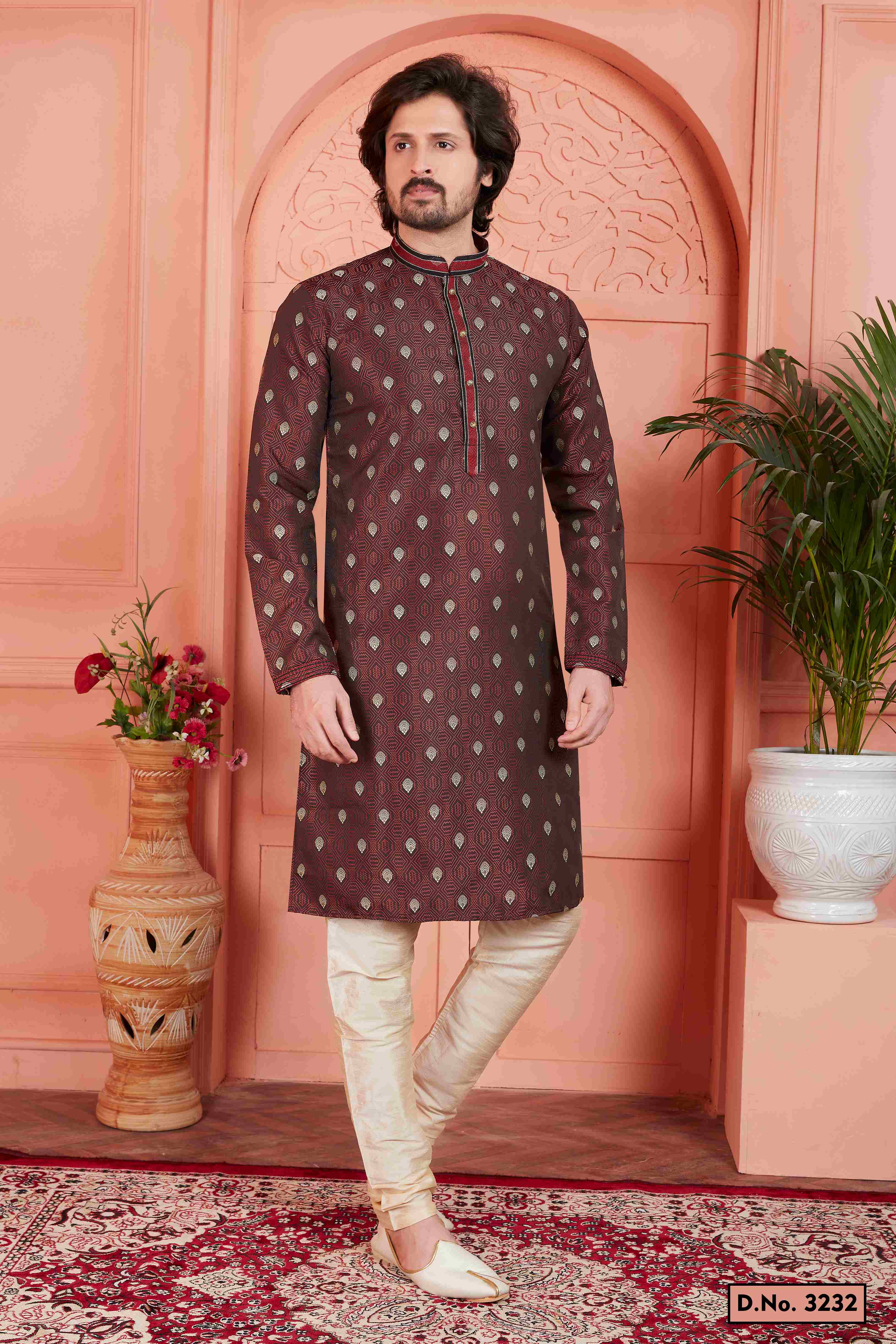Raivat Ethnic Men's Jacquard Silk Brocade Pintux Work Kurta Pyjama In Brown Colour | Grocsy