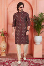 Raivat Ethnic Men's Jacquard Silk Brocade Pintux Work Kurta Pyjama In Brown Colour | Grocsy