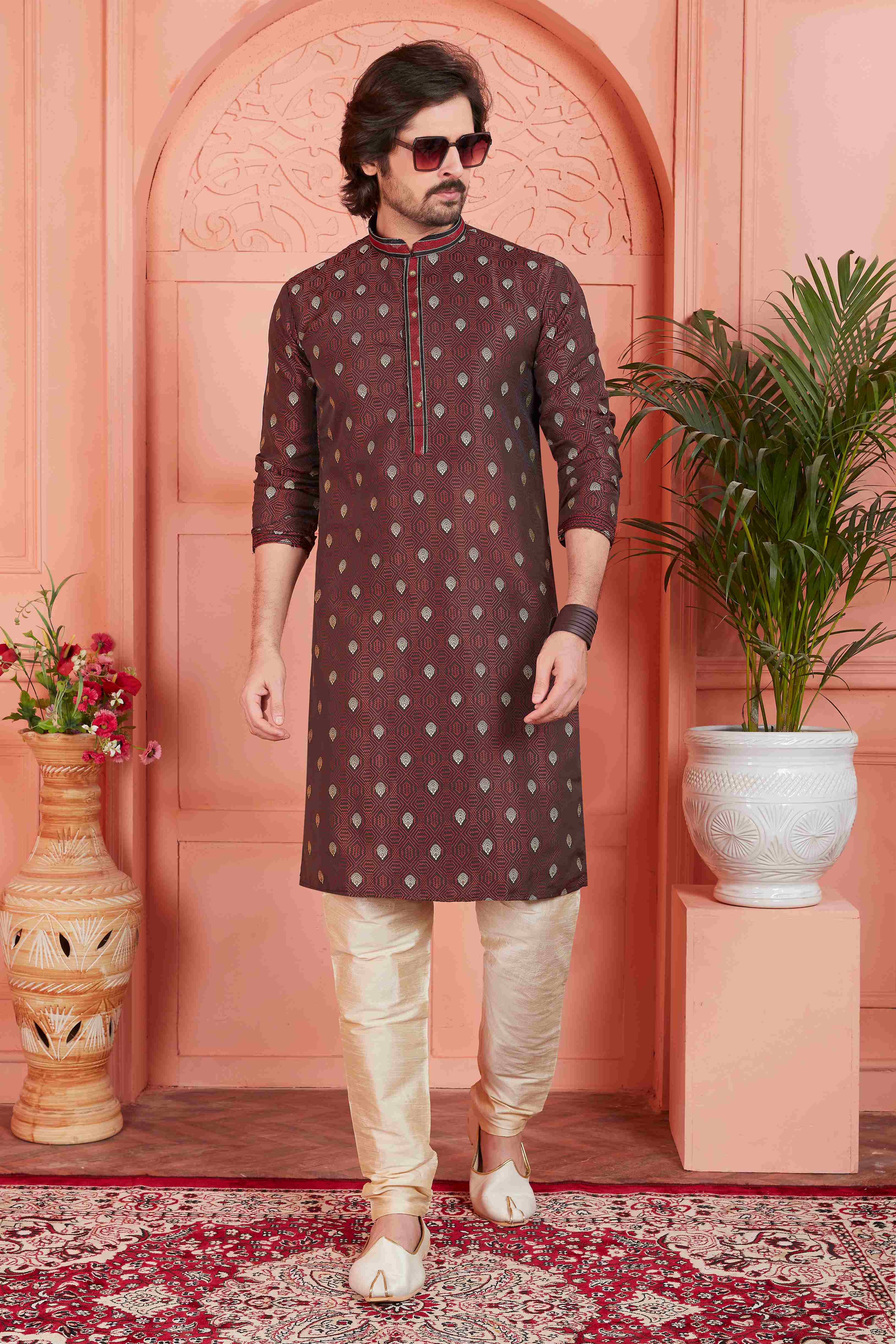 Raivat Ethnic Men's Jacquard Silk Brocade Pintux Work Kurta Pyjama In Brown Colour | Grocsy