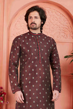Raivat Ethnic Men's Jacquard Silk Brocade Pintux Work Kurta Pyjama In Brown Colour | Grocsy