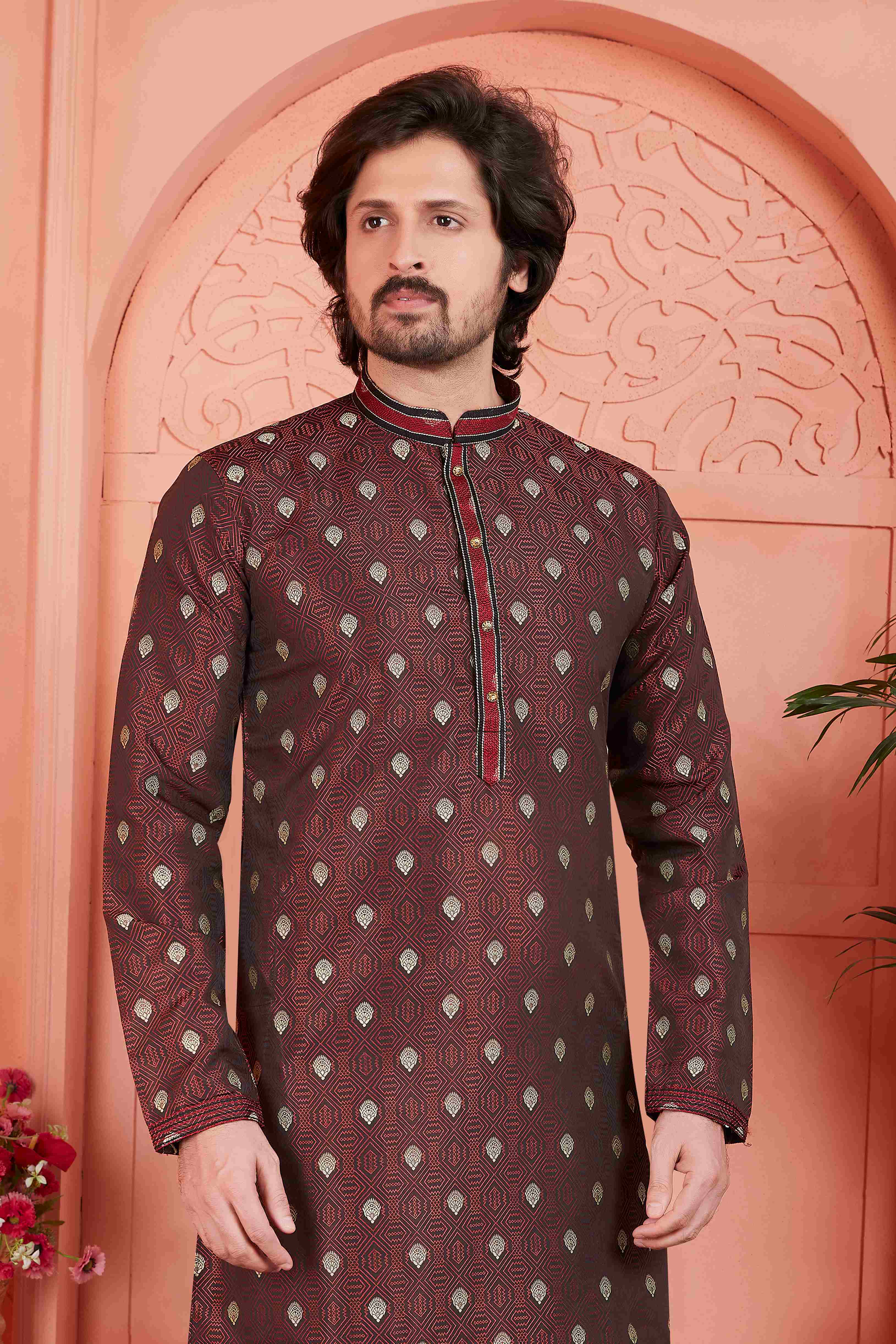 Raivat Ethnic Men's Jacquard Silk Brocade Pintux Work Kurta Pyjama In Brown Colour | Grocsy